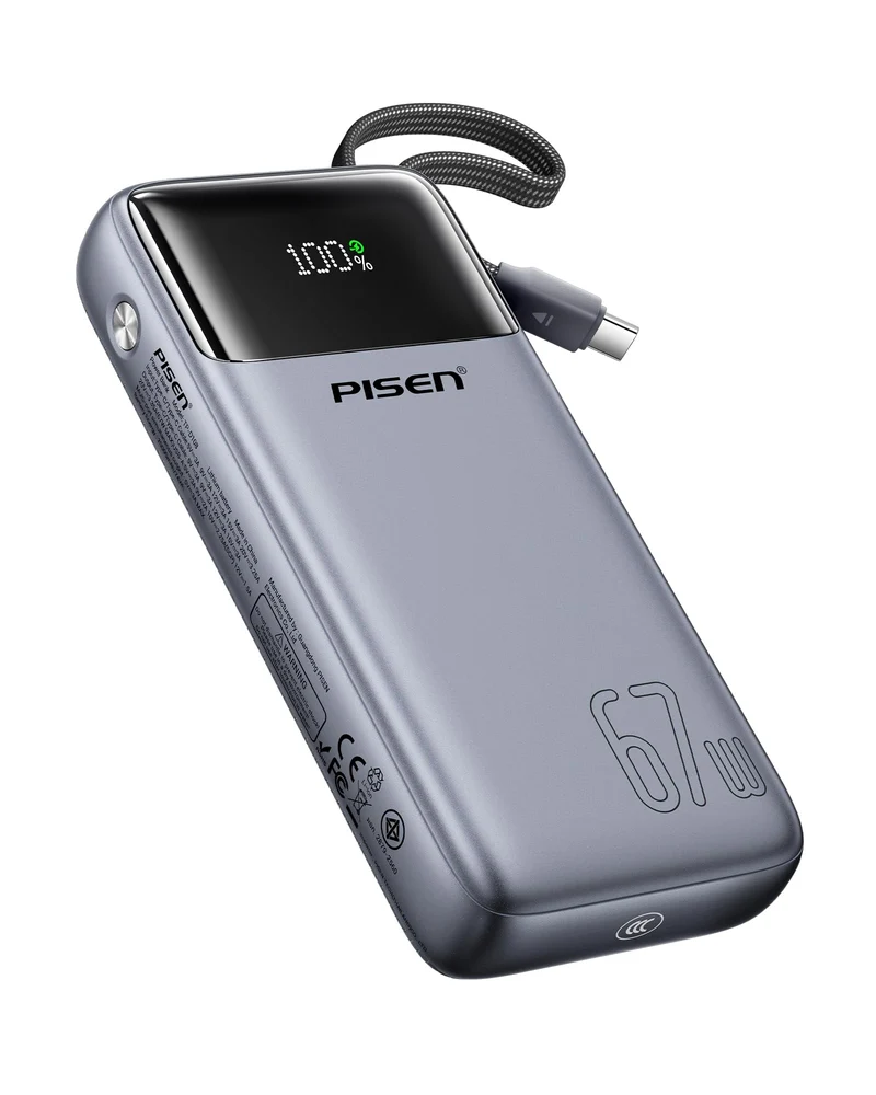PISEN 3C Certified Power Bank 20000mAh 67W CCC Power Bank with Built in Cable, Travel Battery Pack Portable 3C Charger with LE