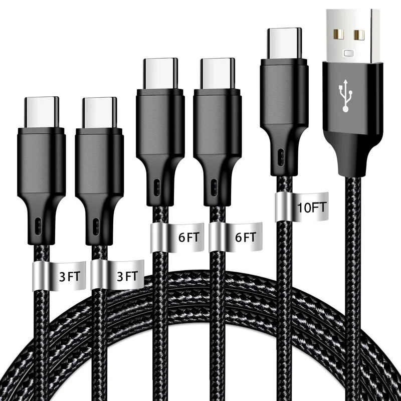 cugunu USB A to USB C Cable 5 Pack, 3/3/6/6/10ft Fast Charger Cord (Black)