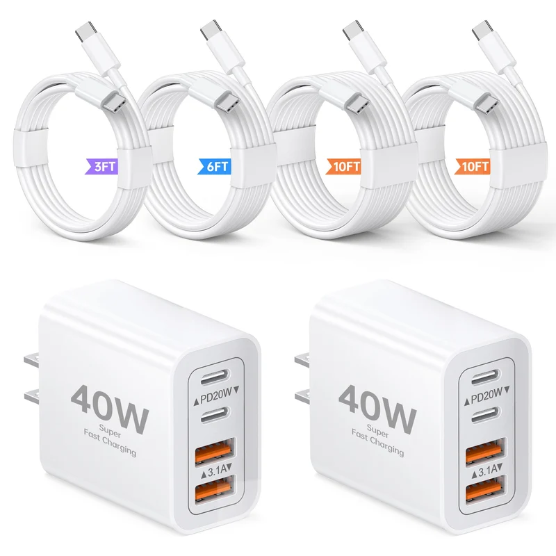 2Pack 40W USB C Charger Cube, 4Port PD+QC Fast Charging Block with 3/6/10/10FT USB C Cables, Multiport Type C Power Adapter fo
