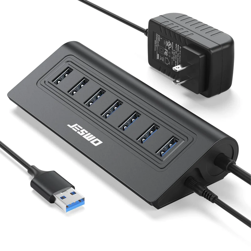 Powered USB Hub, JESWO 7Port USB 3.0 Hub, Aluminum USB Data Hub with 3.3ft Cable, USB Hub 3.0 Powered with 20W Power Adapter fo