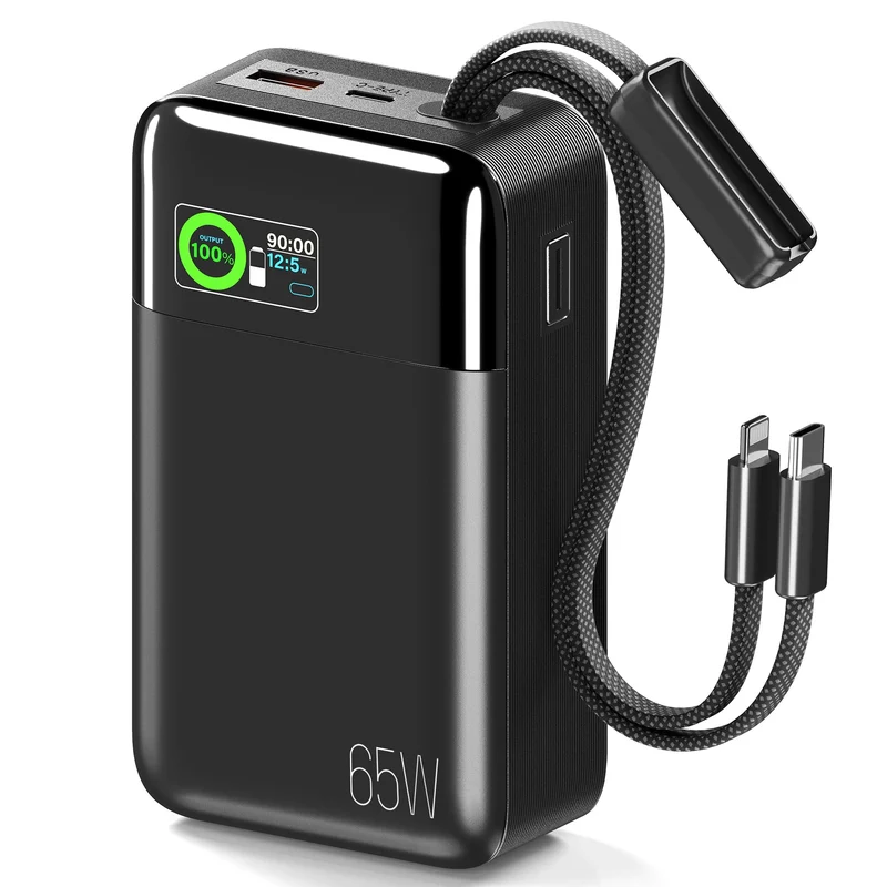 Feidyns 65W Portable Laptop Charger 42,800mAh Power Bank with Builtin 2 Braided Cables, 4Port 130W Total Fast Charging USBC