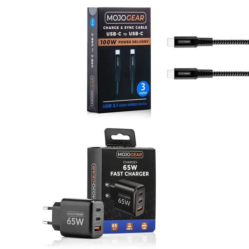 MOJOGEAR CHARGE+ Combo: 65W Ladegerät mit 1,5 Meter USB-C Kabel | Passend für Samsung/iPhone 15/16