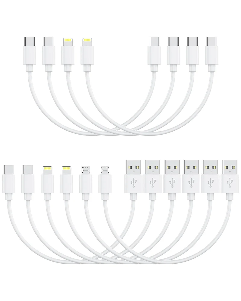 [1FT, 10Pack] Multi Short USB Charging Cables, Fast Charge & Sync TypeC/Lightning/Micro Cords Bulk for Charging Station Compat