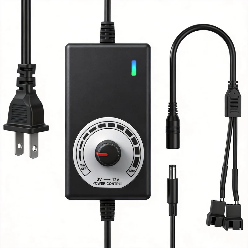 Delinx 12V PC Fan Speed Controller, AC Plug with 2X 4Pin Splitter Cable