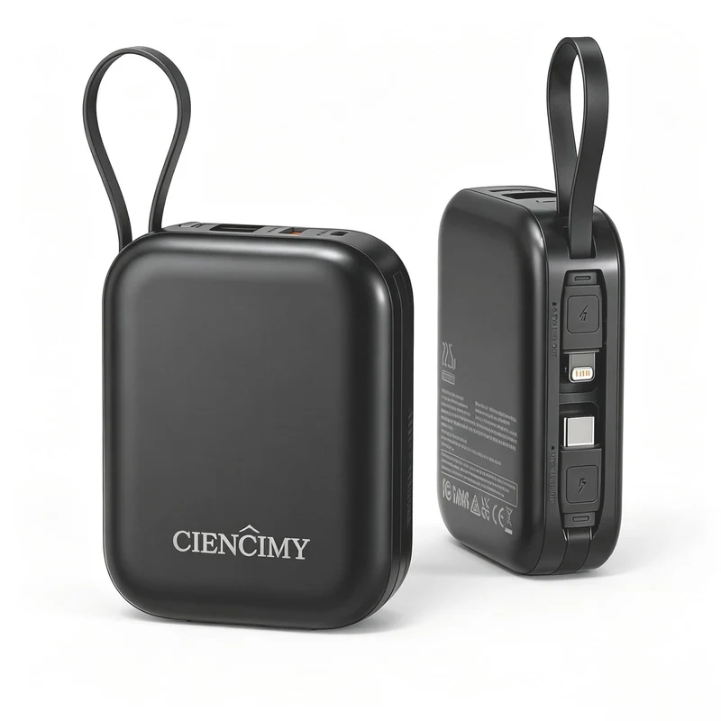 10000mAh 22.5W Power Bank, Portable Charger with Built in Cable Black