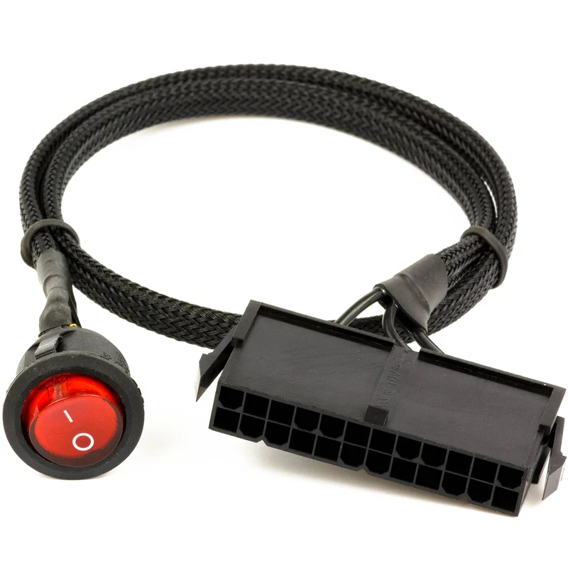 CRJ 24Pin ATX Jumper Cable 24 inch (60cm), Black Sleeved RED LED Switch Power Toggle Cable for 24Pin ATX Power Supplies