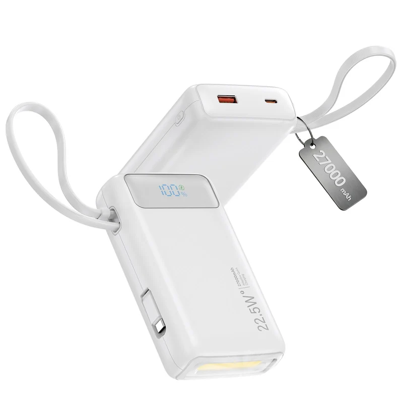 Nusyddy Portable Charger 27000mAh 22.5W w/Builtin Cable/LED Display White