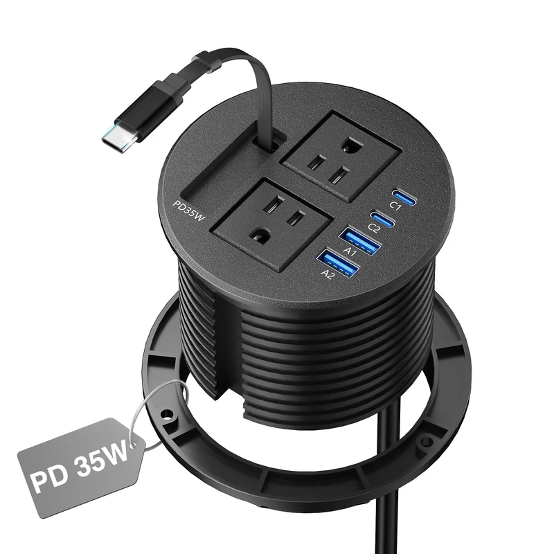 3 1/4 Desk Power Grommet with Retractable Cable 35W 2 USB C, 2 Outlets