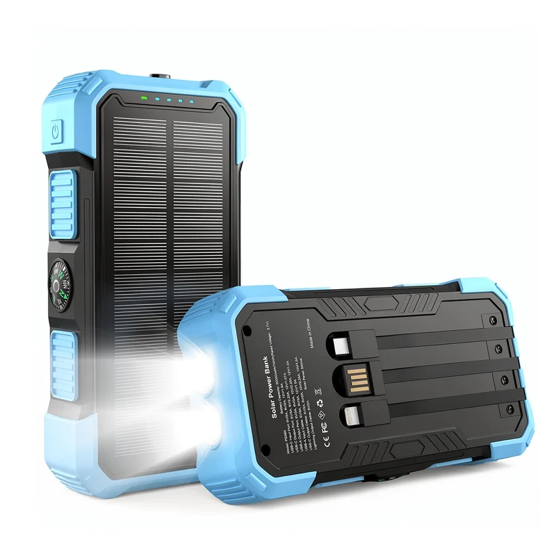 Solar Charger Power Bank 20000mAh, 22.5W PD Fast Charging Portable Charger with 3 Integrated Charging Cables, Dual LED Flashligh
