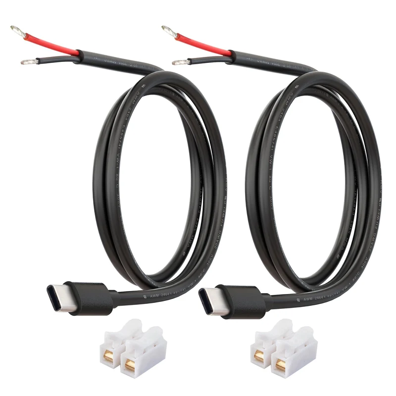 USBC Power Pigtail to Bare Wire 20AWG 5V 5A Cable 1M 3.3FT 2 Pack