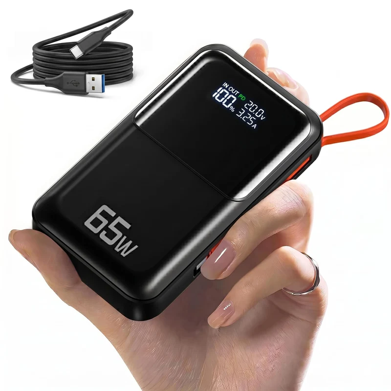 65W Portable Laptop Charger 26,800mAh Power Bank with Builtin USBC Cables, 3Port 130W Total Fast Charging for MacBook/iPhon