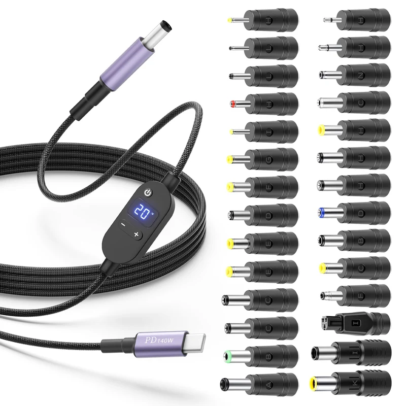 Arkare USB C to DC Adapter 140W USB Type C to DC 5.5x2.5mm 4.9FT Barrel PD Trigger Cable with 28 Tips, 5V/9V/12V/15V/20V/28V Mul