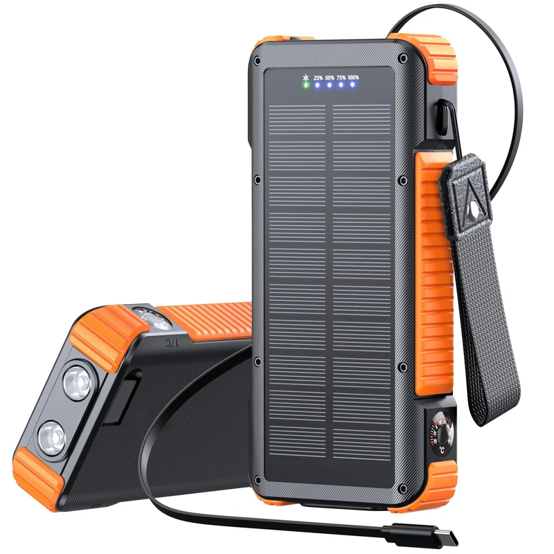 Luvknit Solar Power Bank 20000mAh, 22.5W Fast Charging Portable Charger with 27.6Inch Retractable USBC Cable, Lightning Adapte
