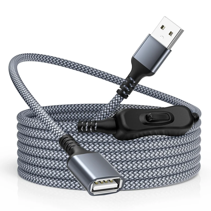 RUXELY USB Male to Female Extension Cable with On/Off Switch 6.6FT Gray