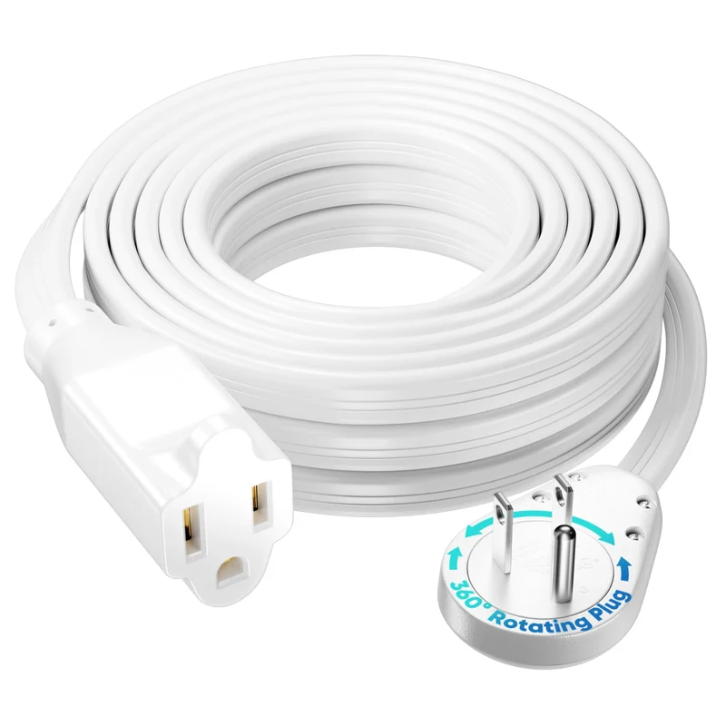 Maximm Flat Wire Extension Cord 20 Ft, 360 Rotating Plug, White, UL