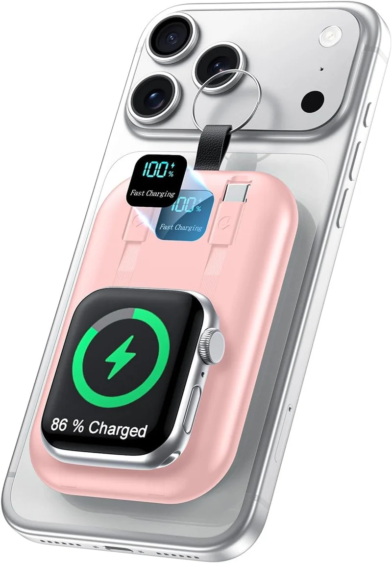 Magnetic Portable Charger 10000mAh Wireless Power Bank with Builtin Cables