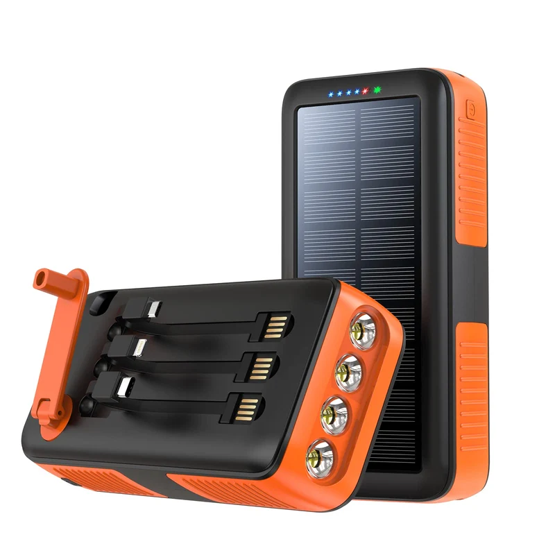 boogostore Solar Charger Power Bank 27000mAh, Portable Charger with 4 Output & 3 Input 4 LEDs Flashlight, Hand Crank Power Bank