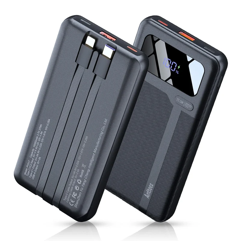 Antteez Portable Charger 10,000mAh, Power Bank Fast Charging with Builtin Cables, 22.5W USB C Travel Battery Pack, LED Display