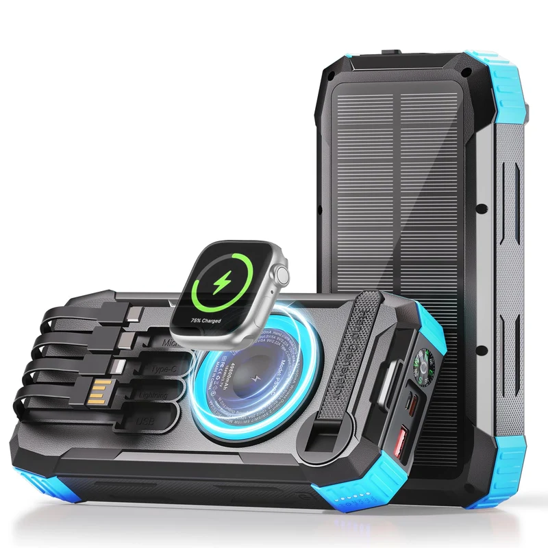 49800mAh Solar Power Bank with Hand Crank and 4 Cables, 3 in 1 Wireless Portable Charger with Camping Light & Compass, 25W Fast