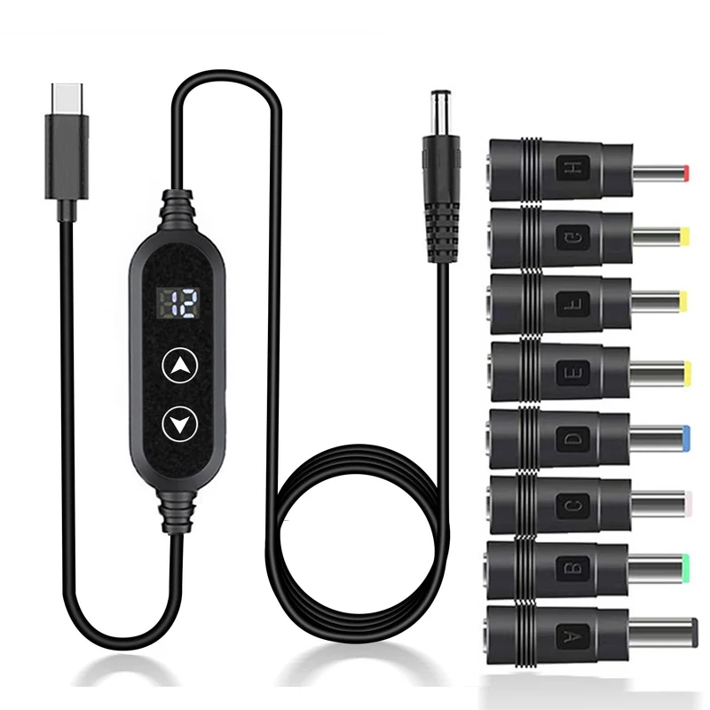 Yancincny USB C to DC 5V/9V/12V/15V/20V Cable with 8 DC Conversion Heads and LED Display Screen, USB to DC Power Cable for use w