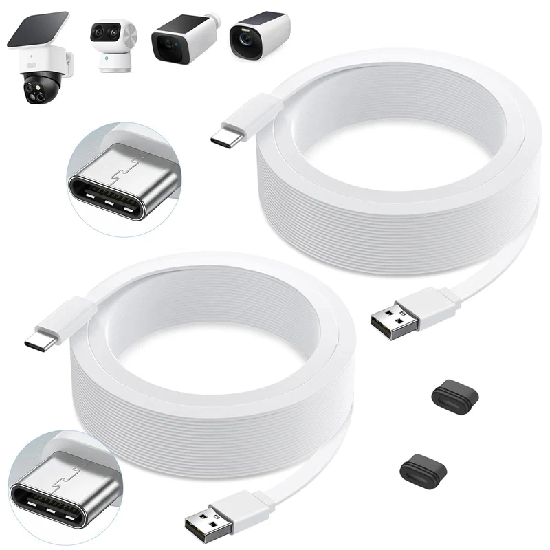 2Pack Power Cable for eufy SoloCam S220/S340, C210, USB TypeC Extension Cable for eufyCam 3/S330, 3C/S300, Weatherproof Flat Ch