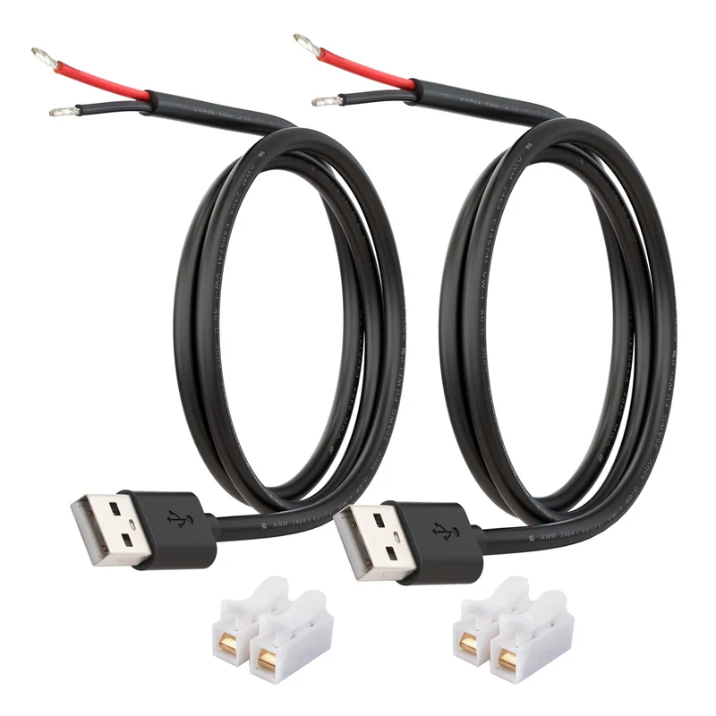 USB Power Pigtail Cable Bare Wire 20AWG 5V 5A 3.3FT USBA Male 2 Pack