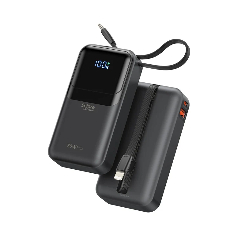 PD 30W Fast Charging Portable iPhone Charger 10 000mAh Mini Size Power Bank with Built in USB C & Lightning Cable, LED Display,