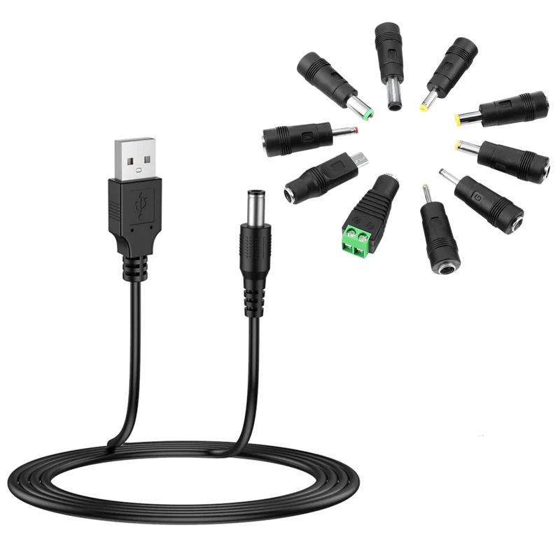 Universal 5V DC Power Cable, USB to DC Charging Cord with 10pcs Adapter Plugs Compatible with Webcam Router, Power Bank, Toy, Re