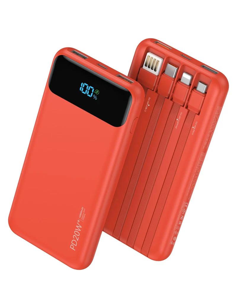 Nusyddy Portable Charger 10000mAh with 4 Builtin Cables & 6 Outputs Red