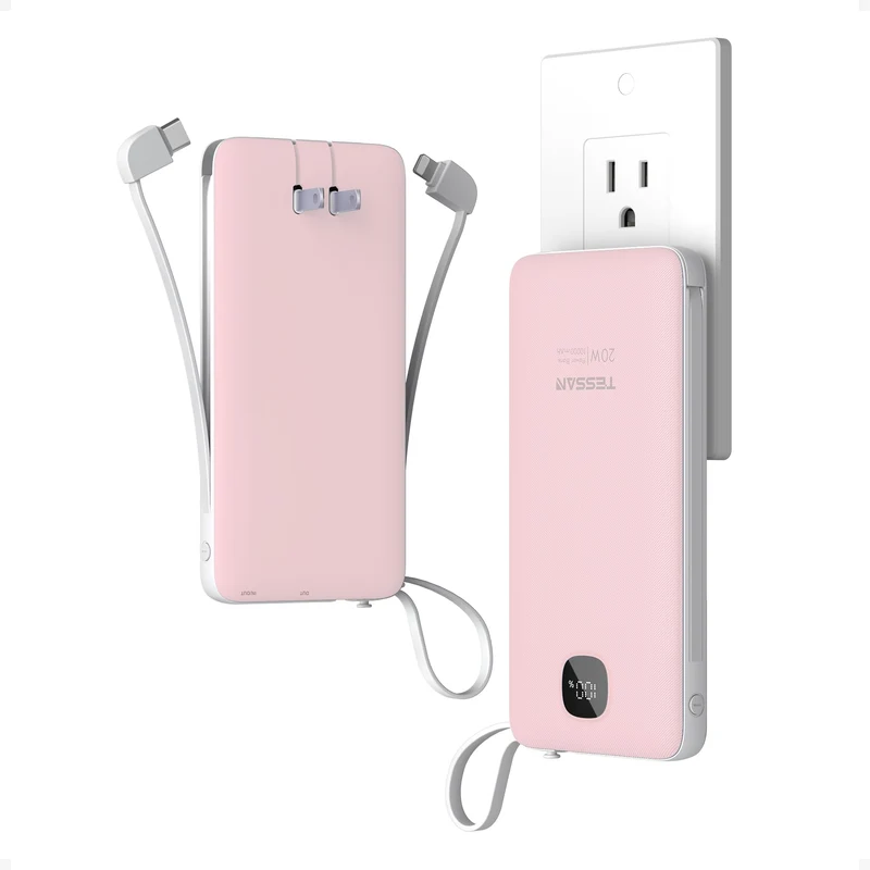 TESSAN Portable Charger with Built in Cables, 10000mAh Power Bank Wall Plug