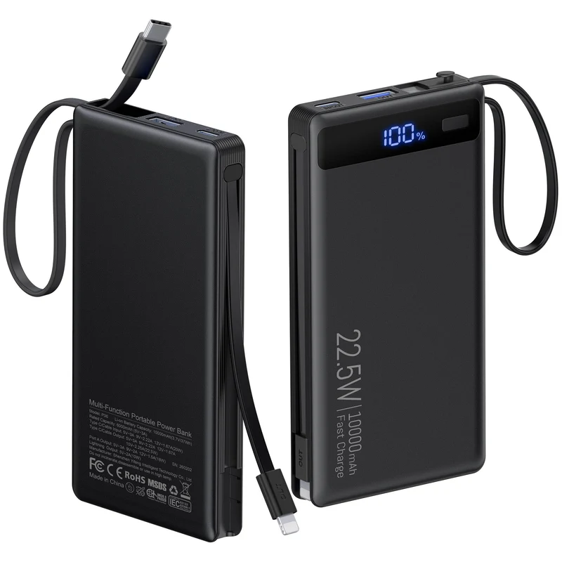 10000mAh Power Bank Builtin 2 Cables,40% Thinner 22.5W PD Portable Charger