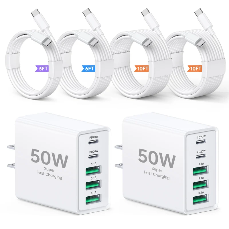 2Pack 50W USB C Wall Charger, 5Port PD Fast Charging Block with 3/6/10/10FT USB C Cables, Multiport Type C Power Adapter for i