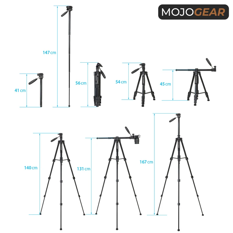 MOJOGEAR 167 cm 3-in-1-Stativ: Stativ, Einbeinstativ und horizontaler Arm