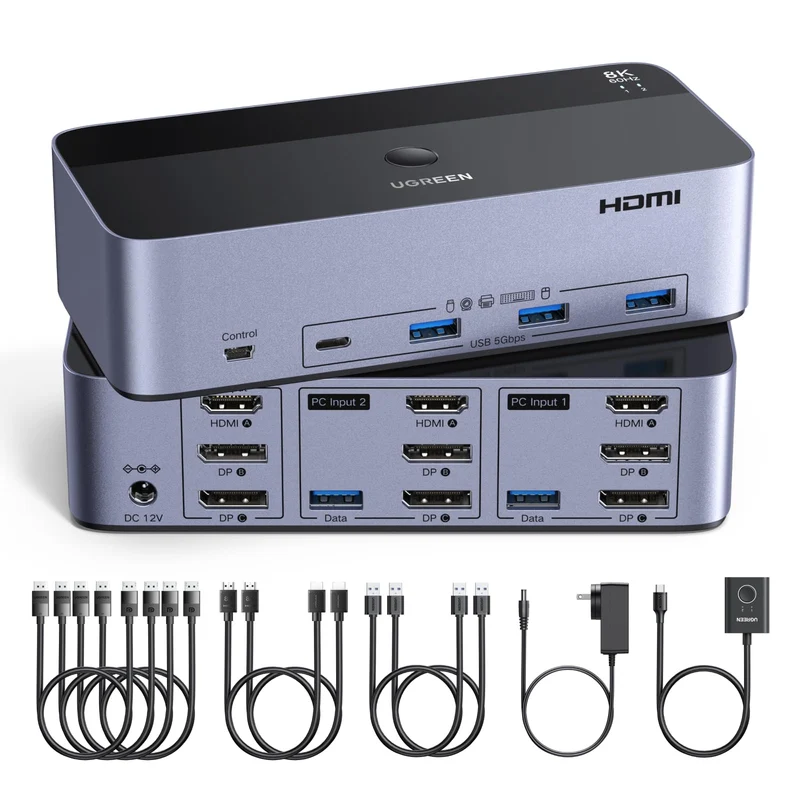 UGREEN 8K@60Hz HDMI Displayport KVM Switch 3 Monitors 2 Computers, Aluminum