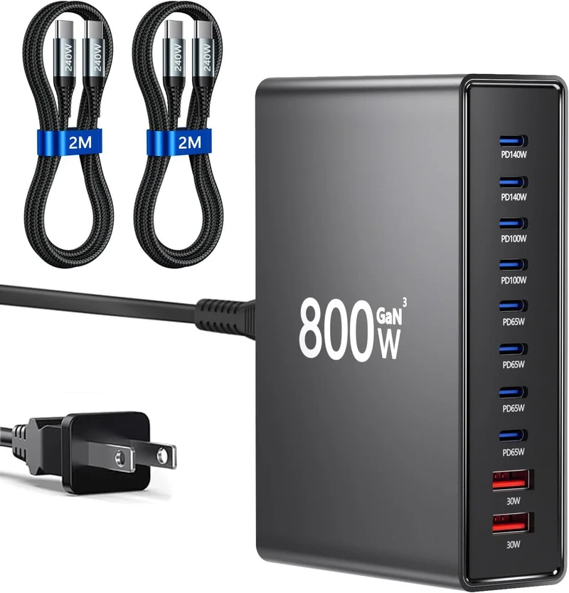 800W USB C Charger,GaN 10 Ports USB Charger with 2 x 2m 240W USBC to USBC Cables,Multiple Laptop Charging,PD Adapter Compatibl