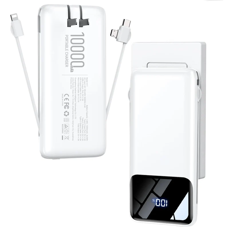 Portable Charger Power Bank with Builtin Cables and Wall Plug 10000mAh