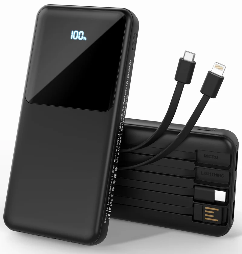 ZUOGGPET Portable Charger with Built in Cables, Power Bank with Cords Wires, Slim 10000mAh Travel Battery Pack 6 Outputs 3 Input