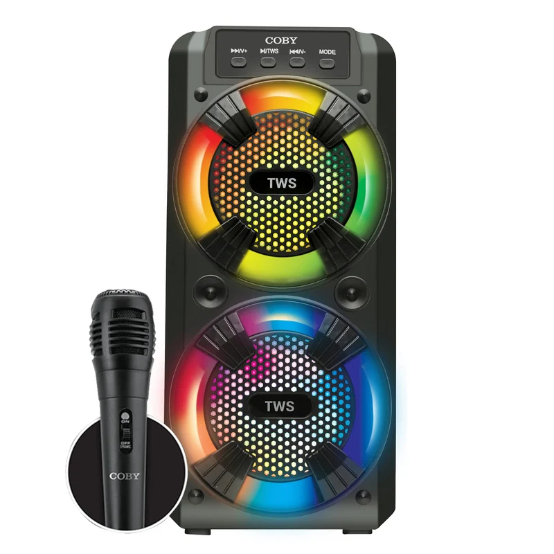 Portable Bluetooth Speaker with Mic, FM Radio, RGB LED Lights, 12HR Backup