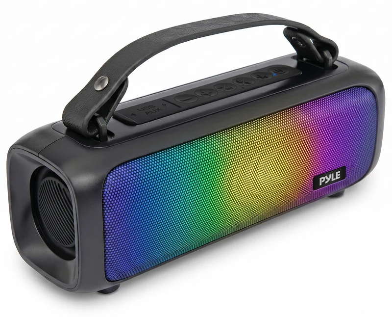 Pyle Portable Bluetooth Speaker RGB Light Show, Bass Boost, TWS Pairing, USB/AUX in, Voice Assistant, TypeC Charging, FM Radi
