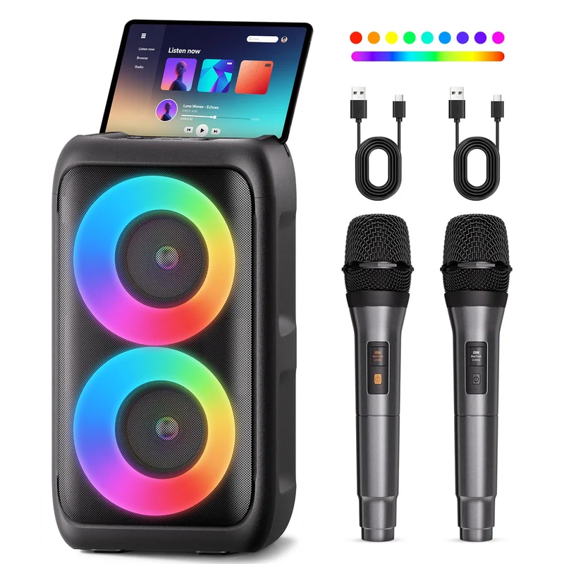 Bluetooth Speaker with 2 Wireless Microphones Big Party Speaker for Adults Kids Karaoke with Lights Portable Rechargeable Ho