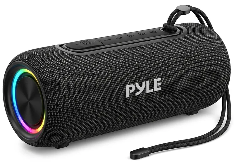 Pyle Portable Bluetooth Speaker IPX5 Waterproof, MultiColor LED, TWS Stereo Pairing, USB/AUX/FM, 20W Peak Power, 5H Battery,