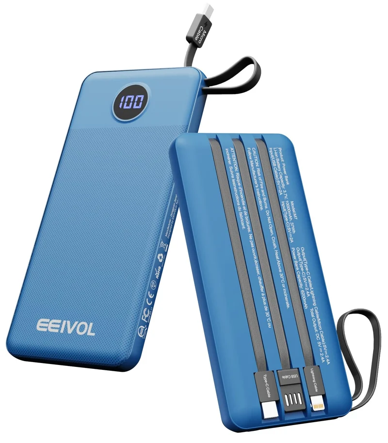 EEIVOL Portable Charger with Built in Cables, 10000mAh Power Bank, Blue