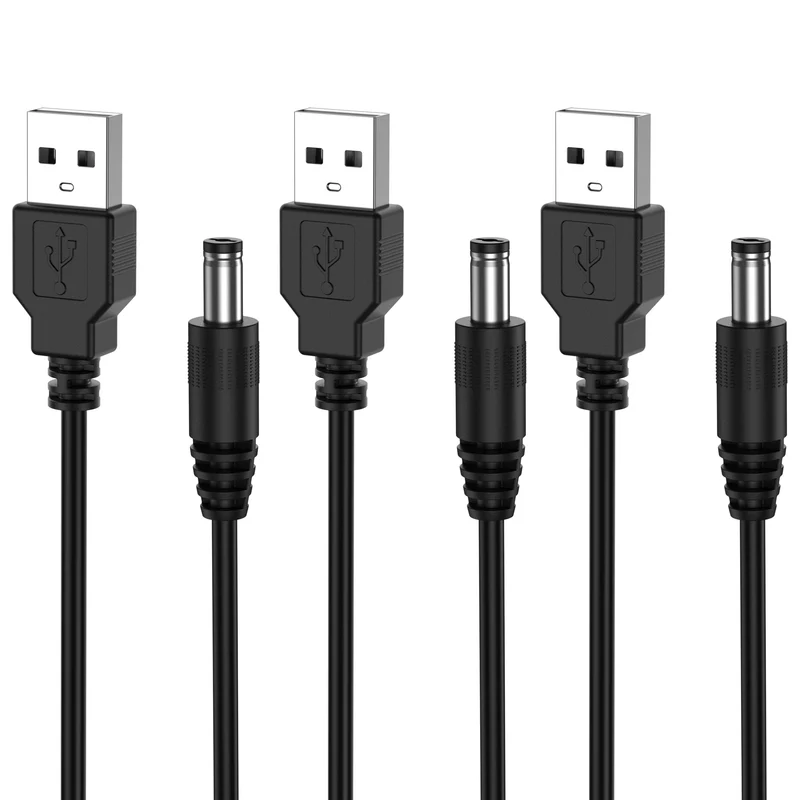 Vanjua 3 Pack USB to DC 5V Power Cord, USB 2.0 A Male to DC 5.5mm x 2.1mm Power Plug Connector Charger Barrel Jack Power Cable