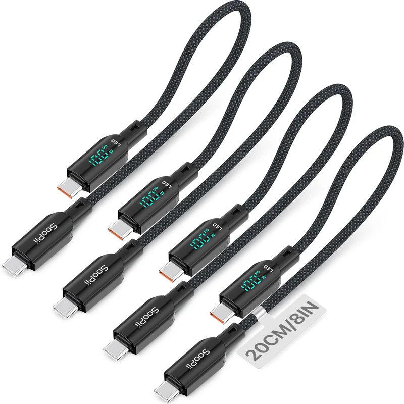 SOOPII 4Pack 100W Short USB C to USB C Cable with LED Display, 0.7Ft PD Fast Charging Nylon Braided Cord, Compatible with Phone