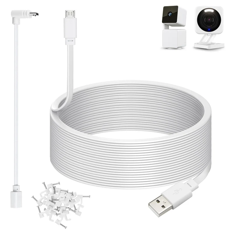 50ft Power Cable for Wyze Cam v4, Pan v3, OG, v3 and v3 Pro Gameras, White