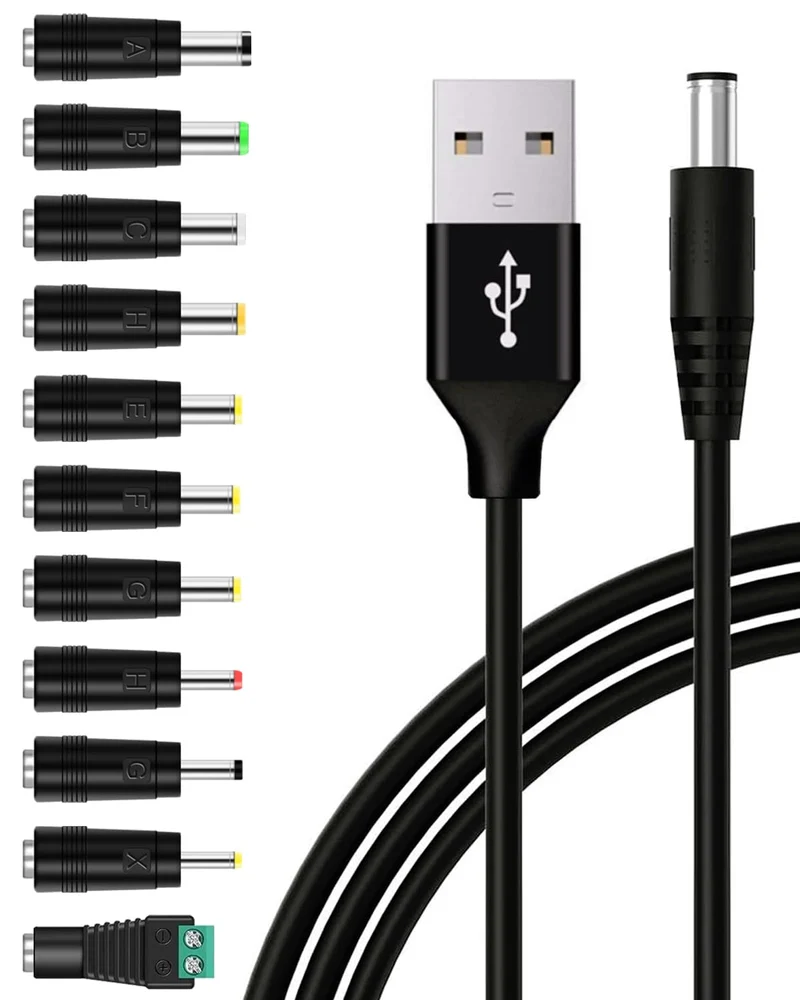 USB to DC 5V Power Cable, DC 5.5x2.1mm Plugs Charging Cord with 11 Interchangeable Jack Connectors Charger Adapters for Lightsab