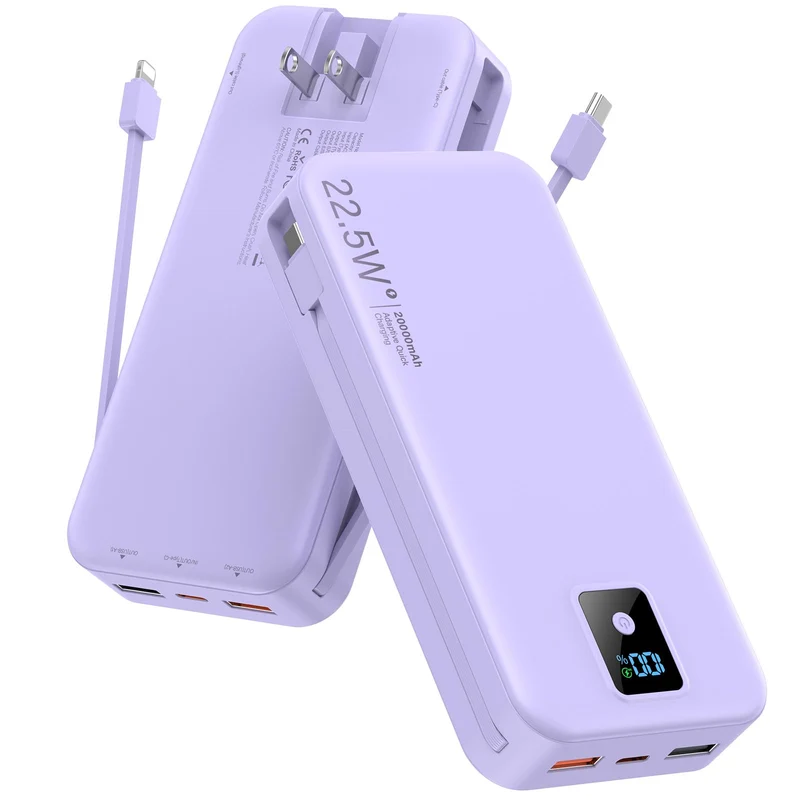 Rngsnoy Portable Charger 20000mAh 22.5W w/Builtin Cable & Wall Plug Purple