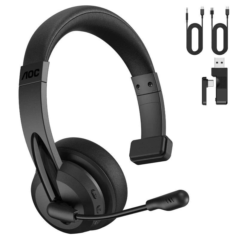 AOC Wireless Headset with Mic for Work, SingleEar Headphone for PC