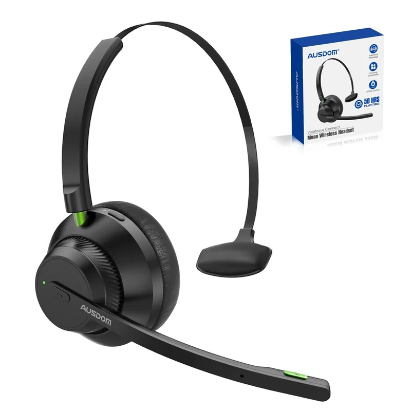 AUSDOM Trucker Bluetooth Headset with Microphone: A2301 Wireless 5.2 OnEar Headset with AI Noise Cancelling Mic & Mute Button,