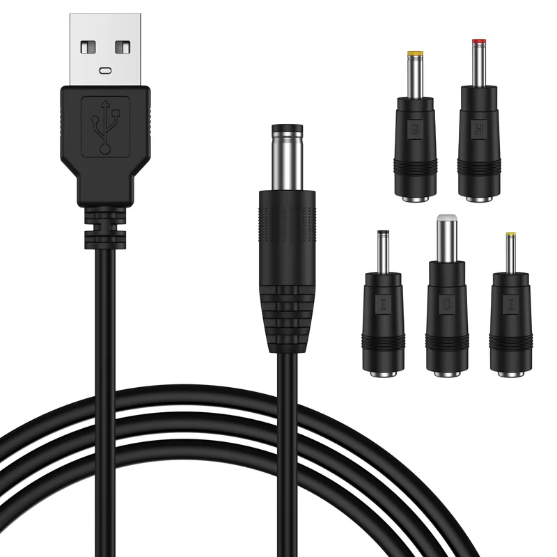 5V Universal DC Power Cable, USB to DC 5.5x2.1mm Plug Jack Charging Cord with 5pcs Adapter Plug(3.5x1.35, 4.0x1.7, 3.0x1.1, 2.5x